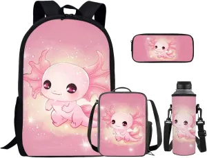 Axolotl Toddler Backpack and Lunch Box Set Girls 2-4 Student Bookbags for Teen Boys Portable School Bag for Middle School Students with Water Bottle Bag Top Handle Help to Carrys