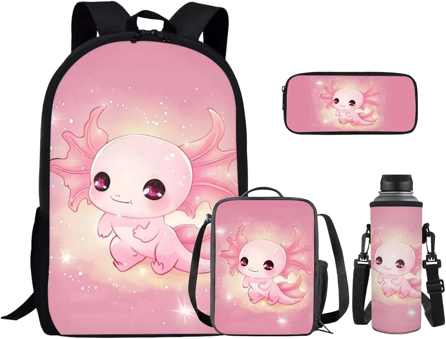 Axolotl Toddler Backpack and Lunch Box Set Girls 2-4 Student Bookbags for Teen Boys Portable School Bag for Middle School Students with Water Bottle Bag Top Handle Help to Carrys