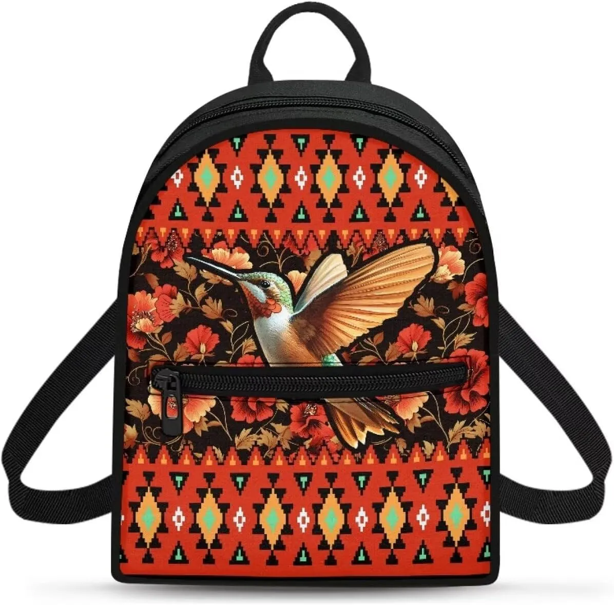 Aztec Hummingbird Backpack for Women Teen Girls Fashion Backpack Purse for Travel Work School Daypack Red Flowers Hiking Rucksack with Adjustable Shoulder Strap