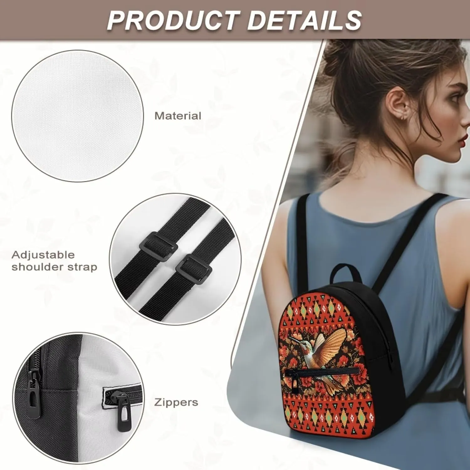 Aztec Hummingbird Backpack for Women Teen Girls Fashion Backpack Purse for Travel Work School Daypack Red Flowers Hiking Rucksack with Adjustable Shoulder Strap