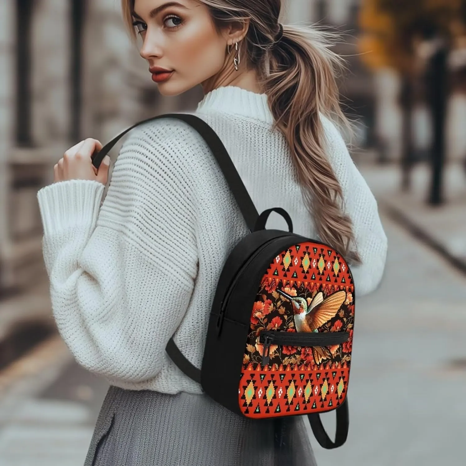 Aztec Hummingbird Backpack for Women Teen Girls Fashion Backpack Purse for Travel Work School Daypack Red Flowers Hiking Rucksack with Adjustable Shoulder Strap