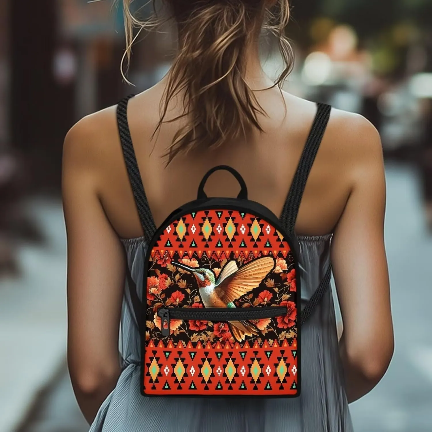 Aztec Hummingbird Backpack for Women Teen Girls Fashion Backpack Purse for Travel Work School Daypack Red Flowers Hiking Rucksack with Adjustable Shoulder Strap