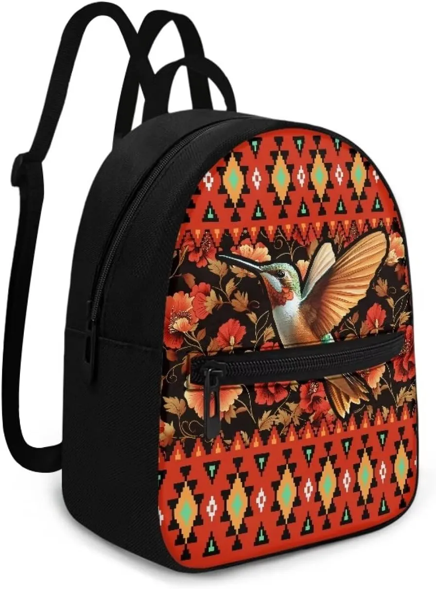 Aztec Hummingbird Backpack for Women Teen Girls Fashion Backpack Purse for Travel Work School Daypack Red Flowers Hiking Rucksack with Adjustable Shoulder Strap