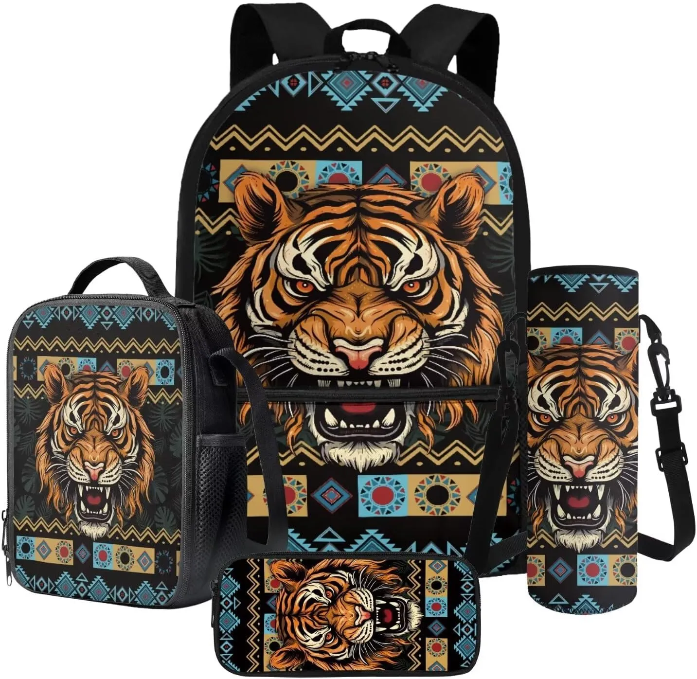 Aztec Tribe Geometric Tiger Print Backpack for Teens Zippered School Backpack Set 4 in 1 with Water Bottle Sleeve Lunch Box Pencil Case Portable Kindergarten Middle School Bookbags Set