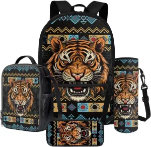 Aztec Tribe Geometric Tiger Print Backpack for Teens Zippered School Backpack Set 4 in 1 with Water Bottle Sleeve Lunch Box Pencil Case Portable Kindergarten Middle School Bookbags Set
