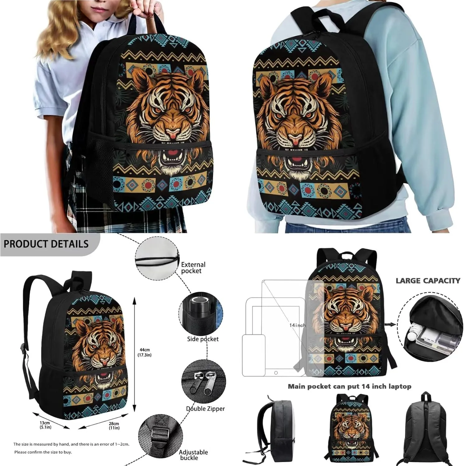 Aztec Tribe Geometric Tiger Print Backpack for Teens Zippered School Backpack Set 4 in 1 with Water Bottle Sleeve Lunch Box Pencil Case Portable Kindergarten Middle School Bookbags Set