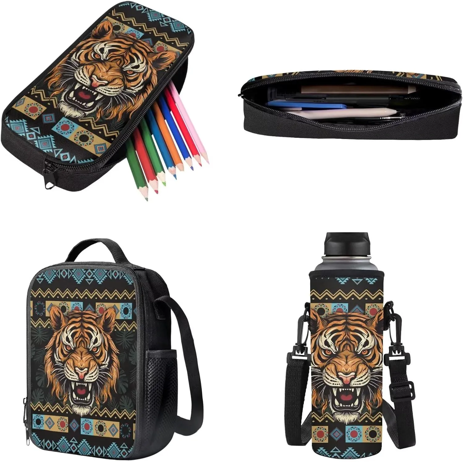 Aztec Tribe Geometric Tiger Print Backpack for Teens Zippered School Backpack Set 4 in 1 with Water Bottle Sleeve Lunch Box Pencil Case Portable Kindergarten Middle School Bookbags Set