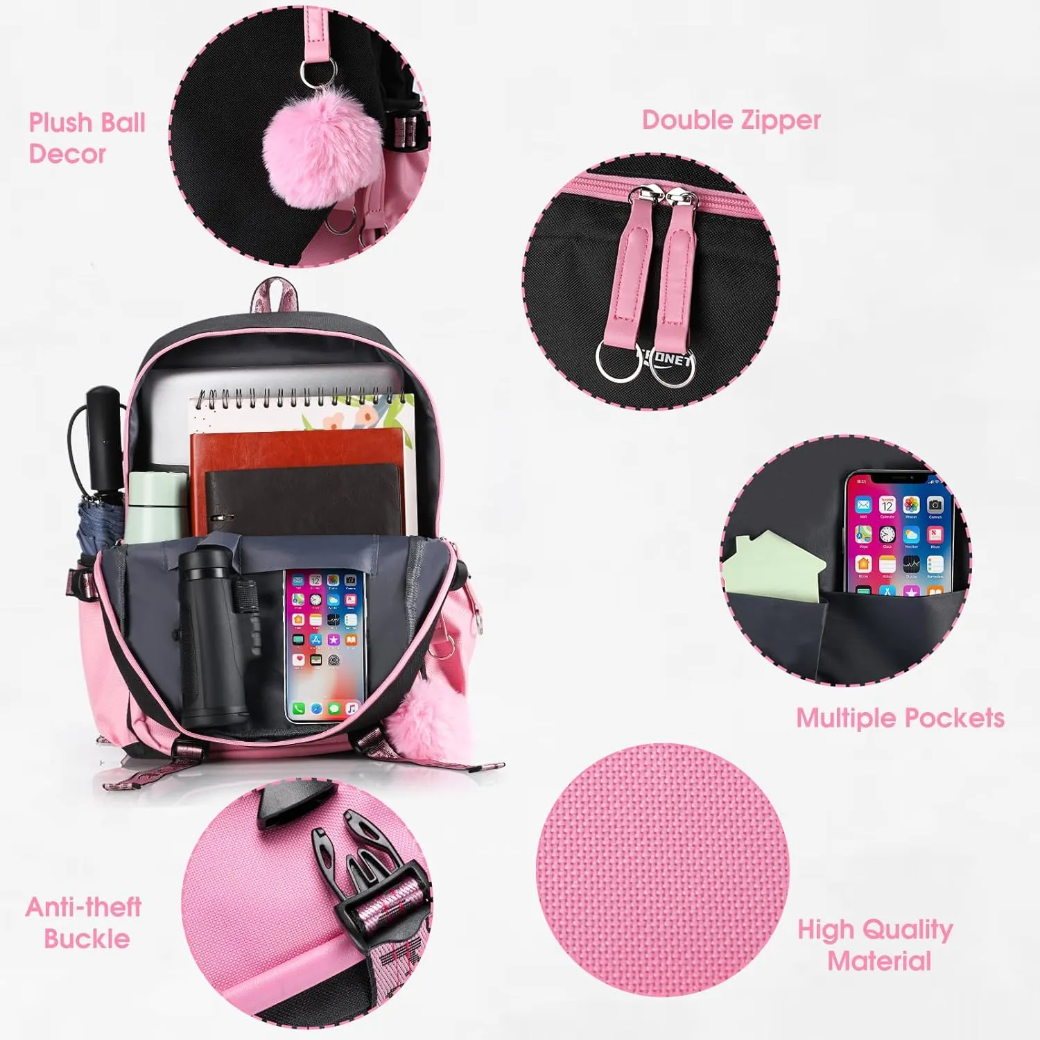 Backpack for Girls Teenage School Bags for Elementary Middle High Student Kids Casual Laptop Daypack Grade 7 8 9 10 Ages 11 12 13 14 15 16 Children Kawaii Pink Bookbag Set with Lunch Bag