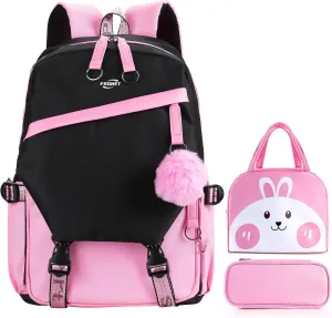 Backpack for Girls Teenage School Bags for Elementary Middle High Student Kids Casual Laptop Daypack Grade 7 8 9 10 Ages 11 12 13 14 15 16 Children Kawaii Pink Bookbag Set with Lunch Bag