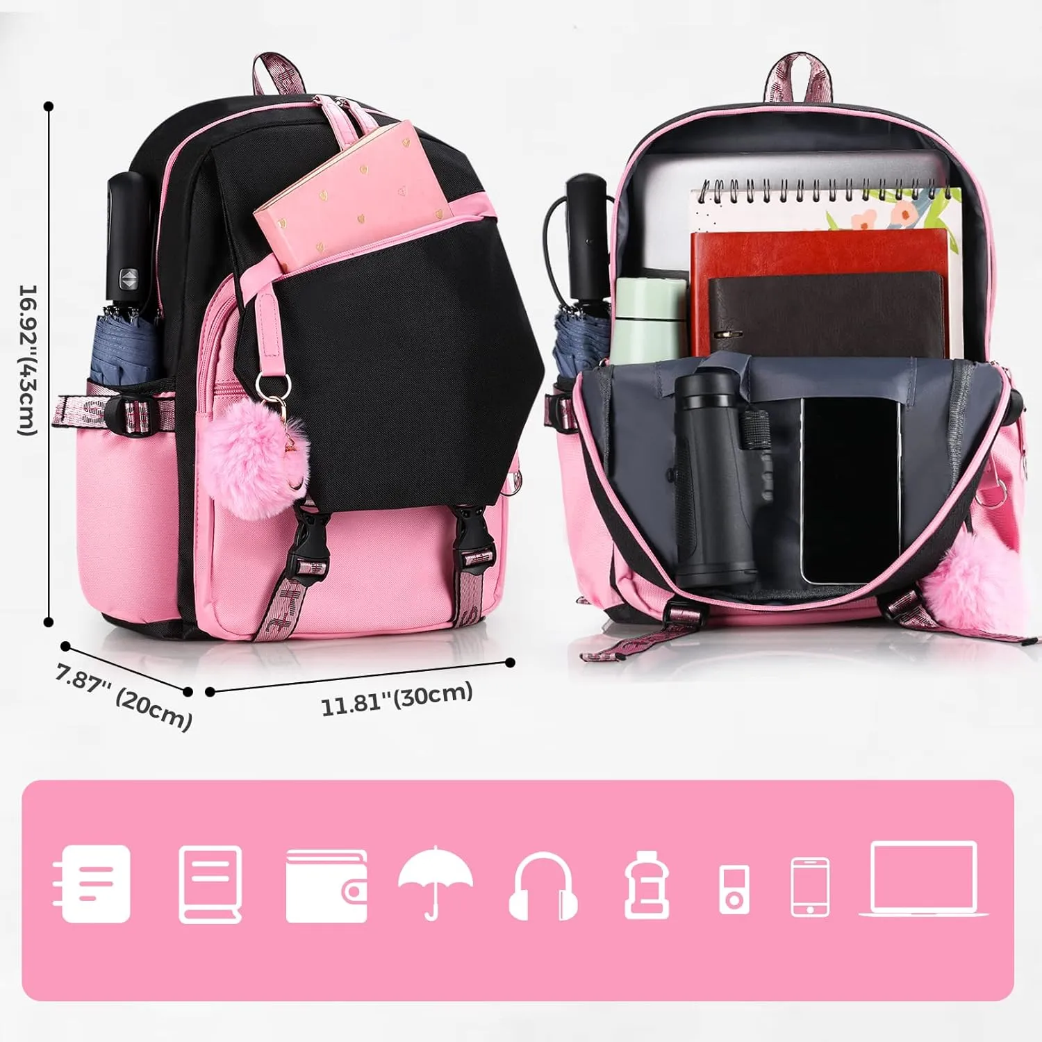 Backpack for Girls Teenage School Bags for Elementary Middle High Student Kids Casual Laptop Daypack Grade 7 8 9 10 Ages 11 12 13 14 15 16 Children Kawaii Pink Bookbag Set with Lunch Bag