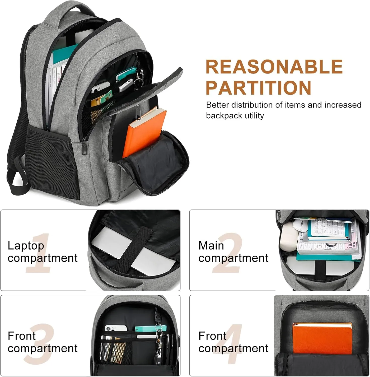Backpack for Men and Women, 17.3 Inch School Backpacks for Teen Boys Girls, Large Bookbag with USB Charger Port, Water Resistant College Laptop Backpack, Grey