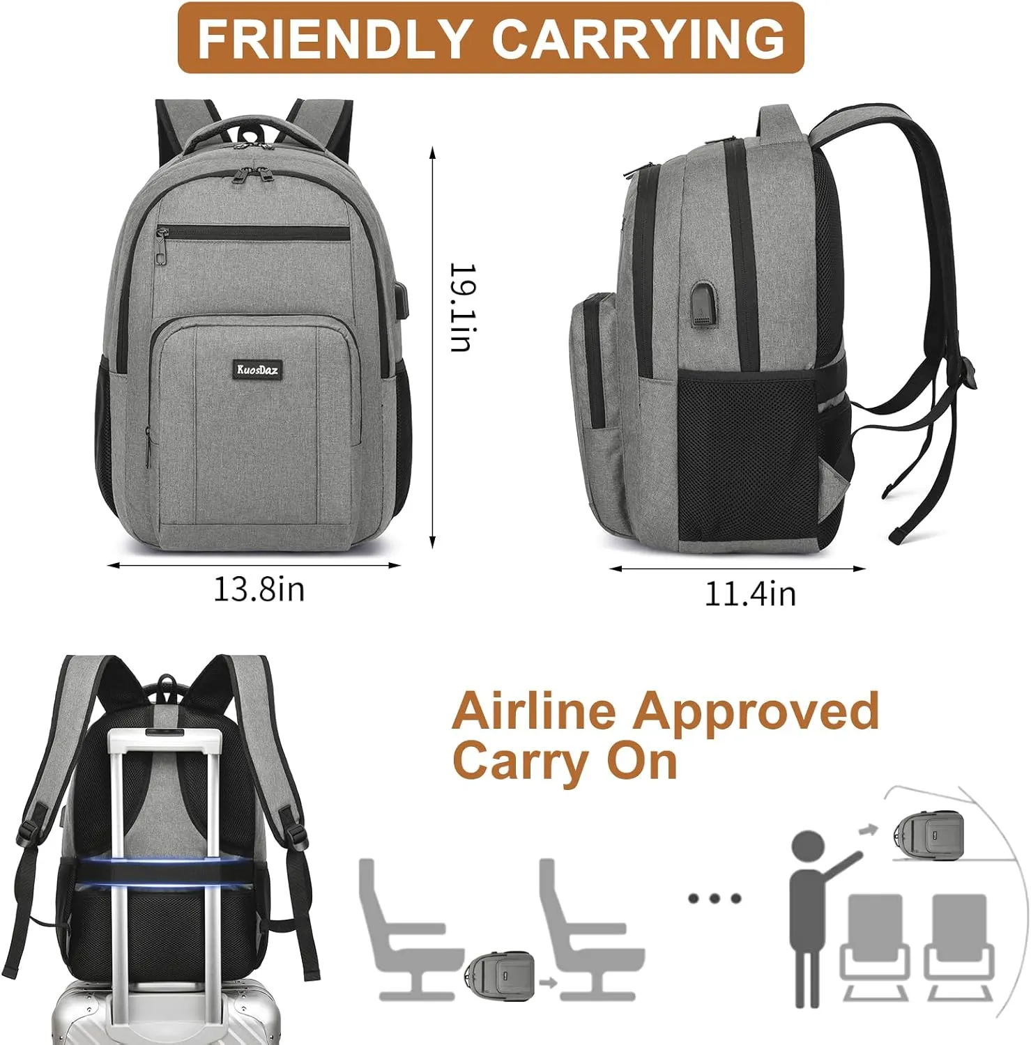 Backpack for Men and Women, 17.3 Inch School Backpacks for Teen Boys Girls, Large Bookbag with USB Charger Port, Water Resistant College Laptop Backpack, Grey