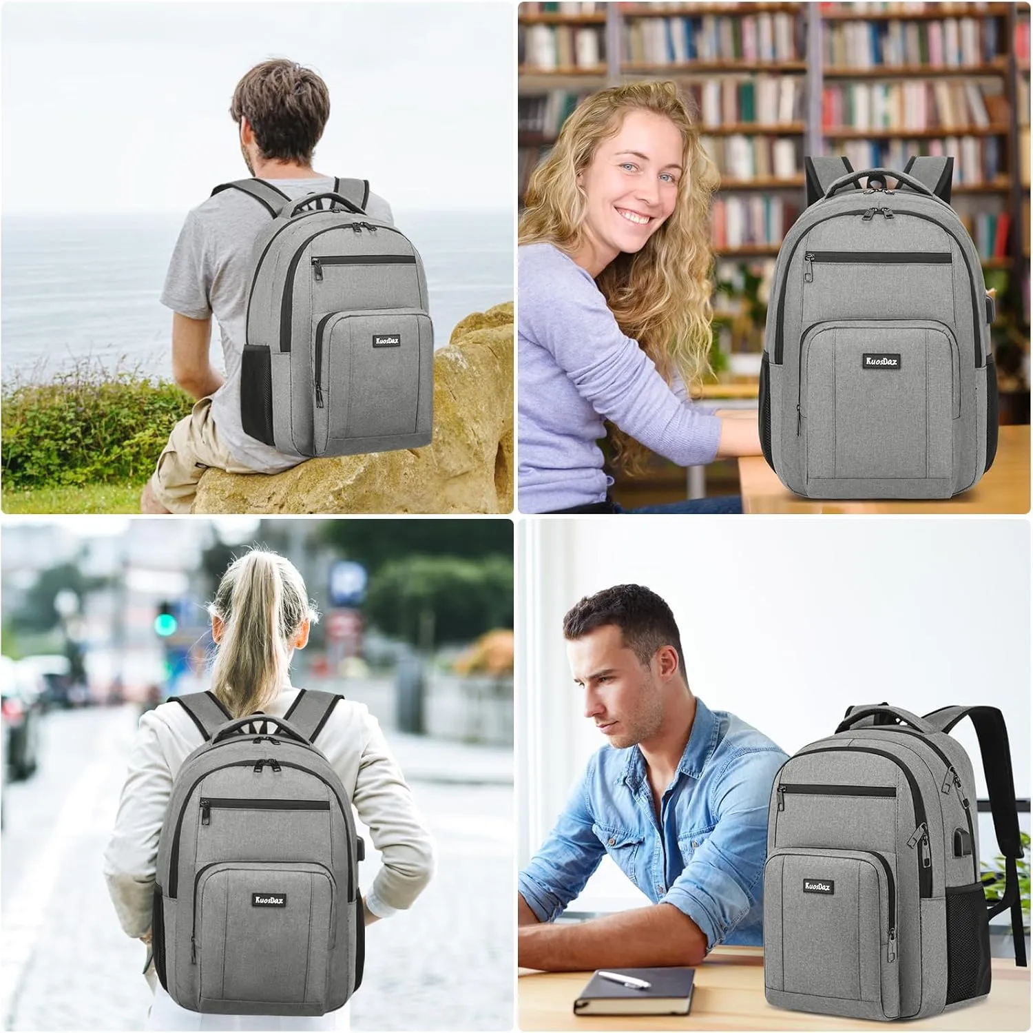 Backpack for Men and Women, 17.3 Inch School Backpacks for Teen Boys Girls, Large Bookbag with USB Charger Port, Water Resistant College Laptop Backpack, Grey