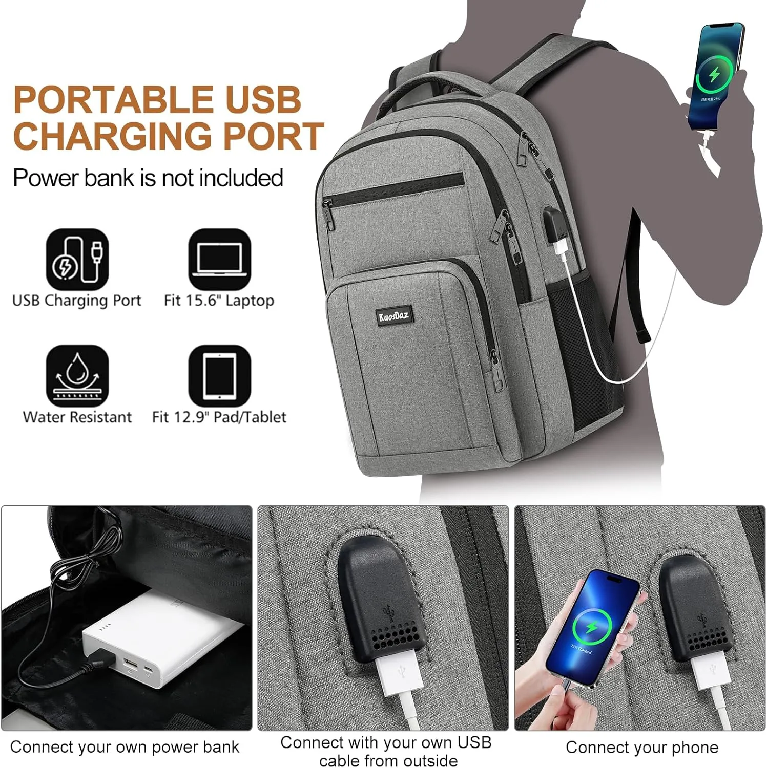 Backpack for Men and Women, 17.3 Inch School Backpacks for Teen Boys Girls, Large Bookbag with USB Charger Port, Water Resistant College Laptop Backpack, Grey