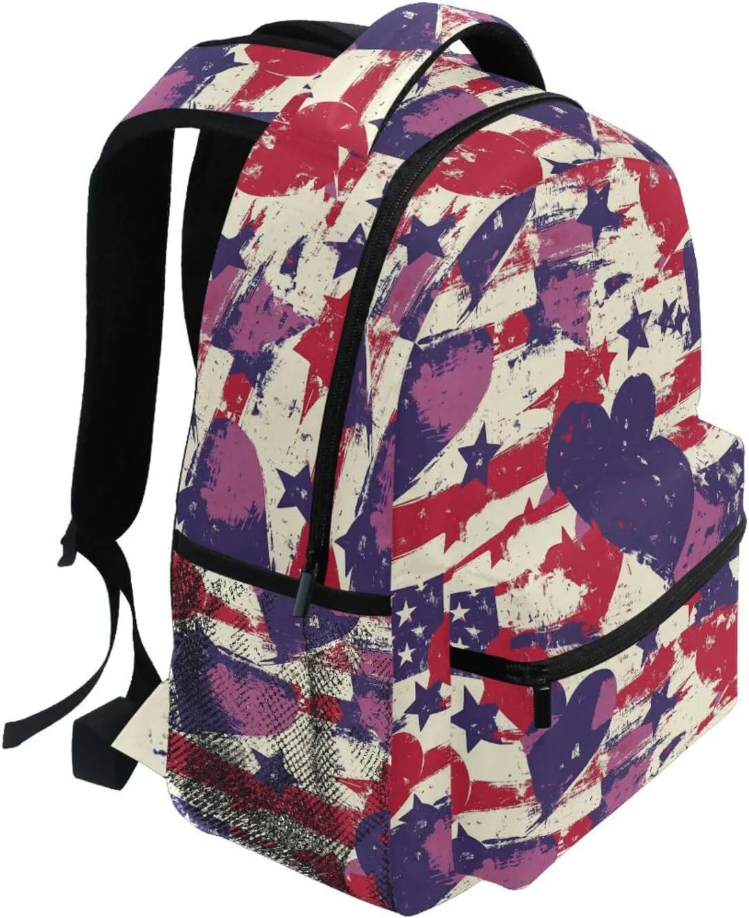 Backpack for Women Men Fashion Diaper Bag Backpack with Chest Strap for College Work Purple Heart Day Red and Blue Stars