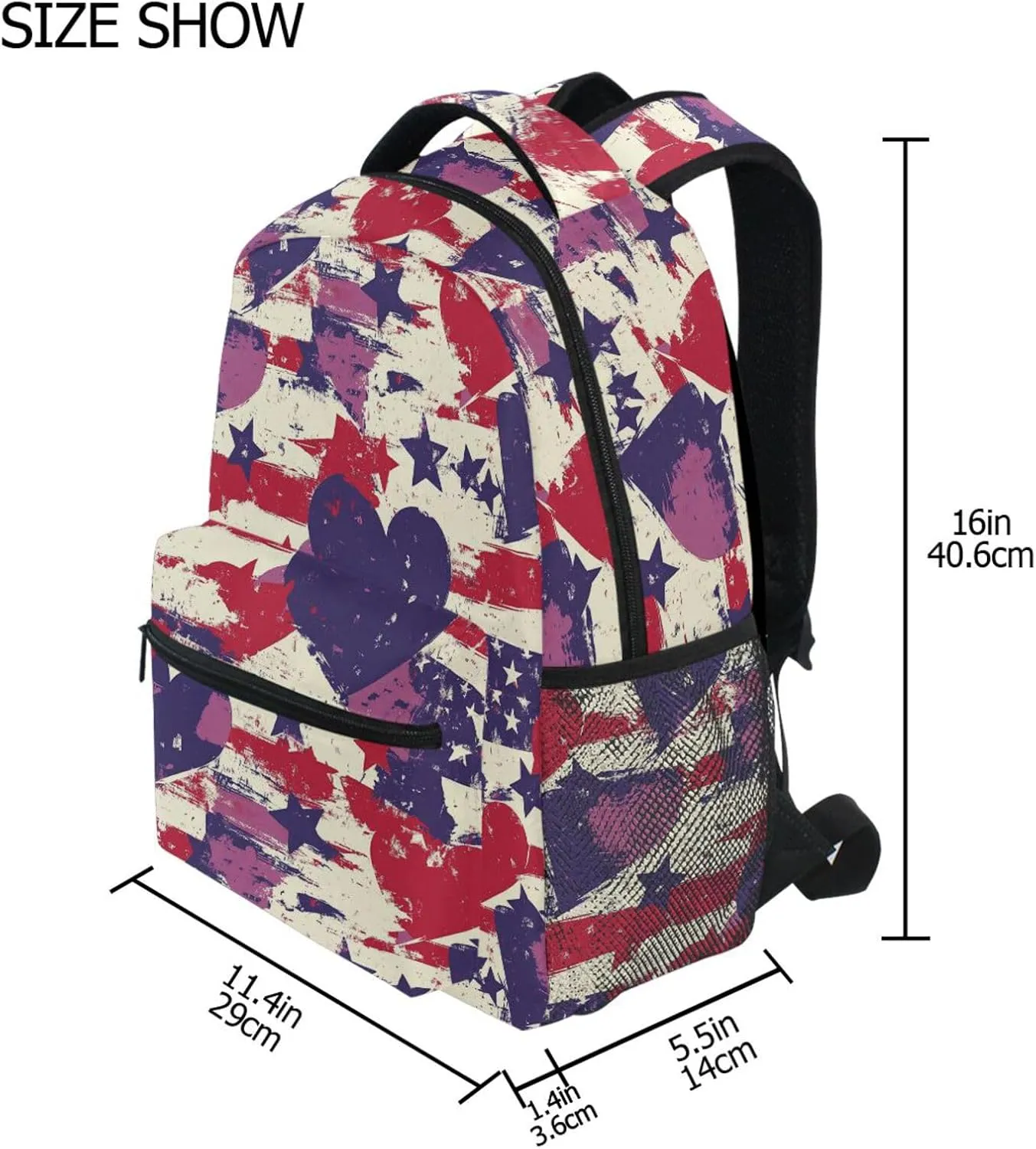 Backpack for Women Men Fashion Diaper Bag Backpack with Chest Strap for College Work Purple Heart Day Red and Blue Stars
