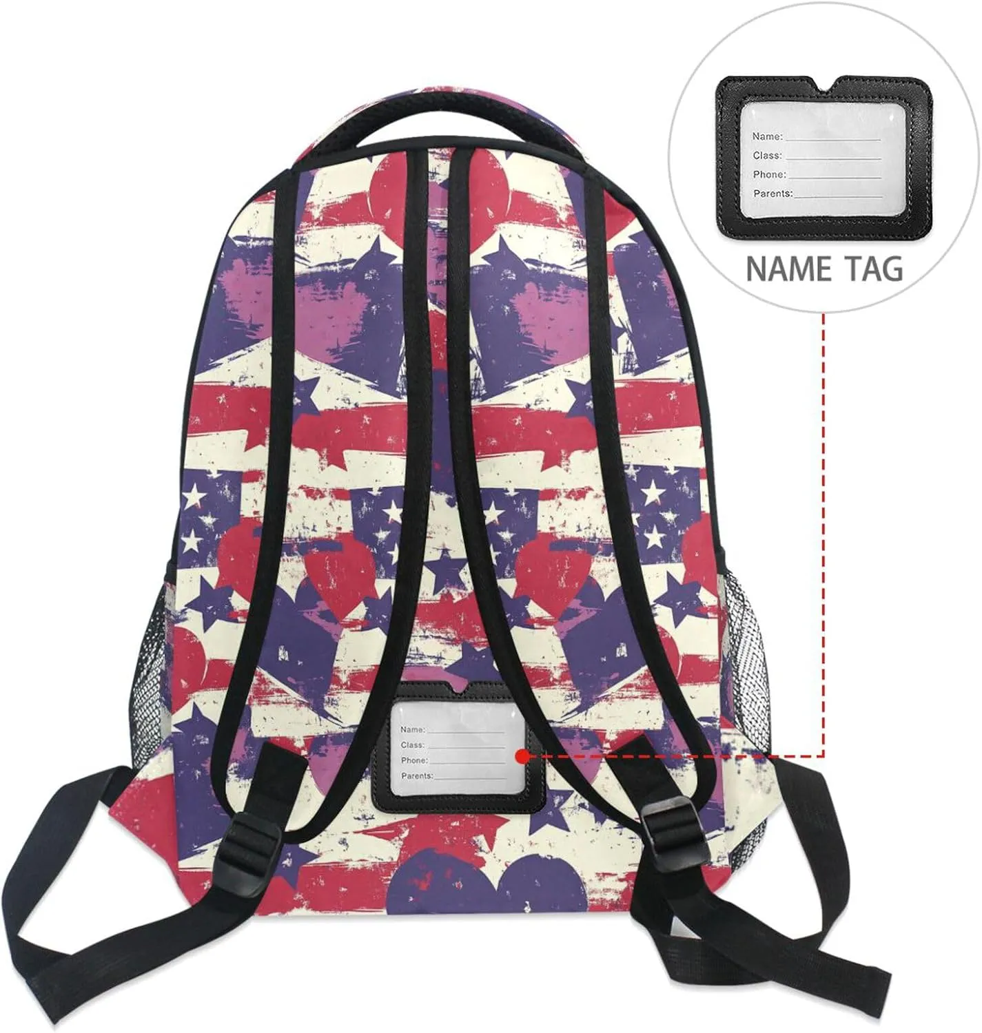 Backpack for Women Men Fashion Diaper Bag Backpack with Chest Strap for College Work Purple Heart Day Red and Blue Stars