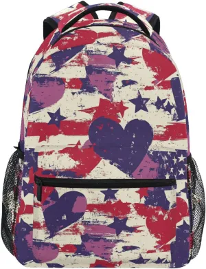 Backpack for Women Men Fashion Diaper Bag Backpack with Chest Strap for College Work Purple Heart Day Red and Blue Stars