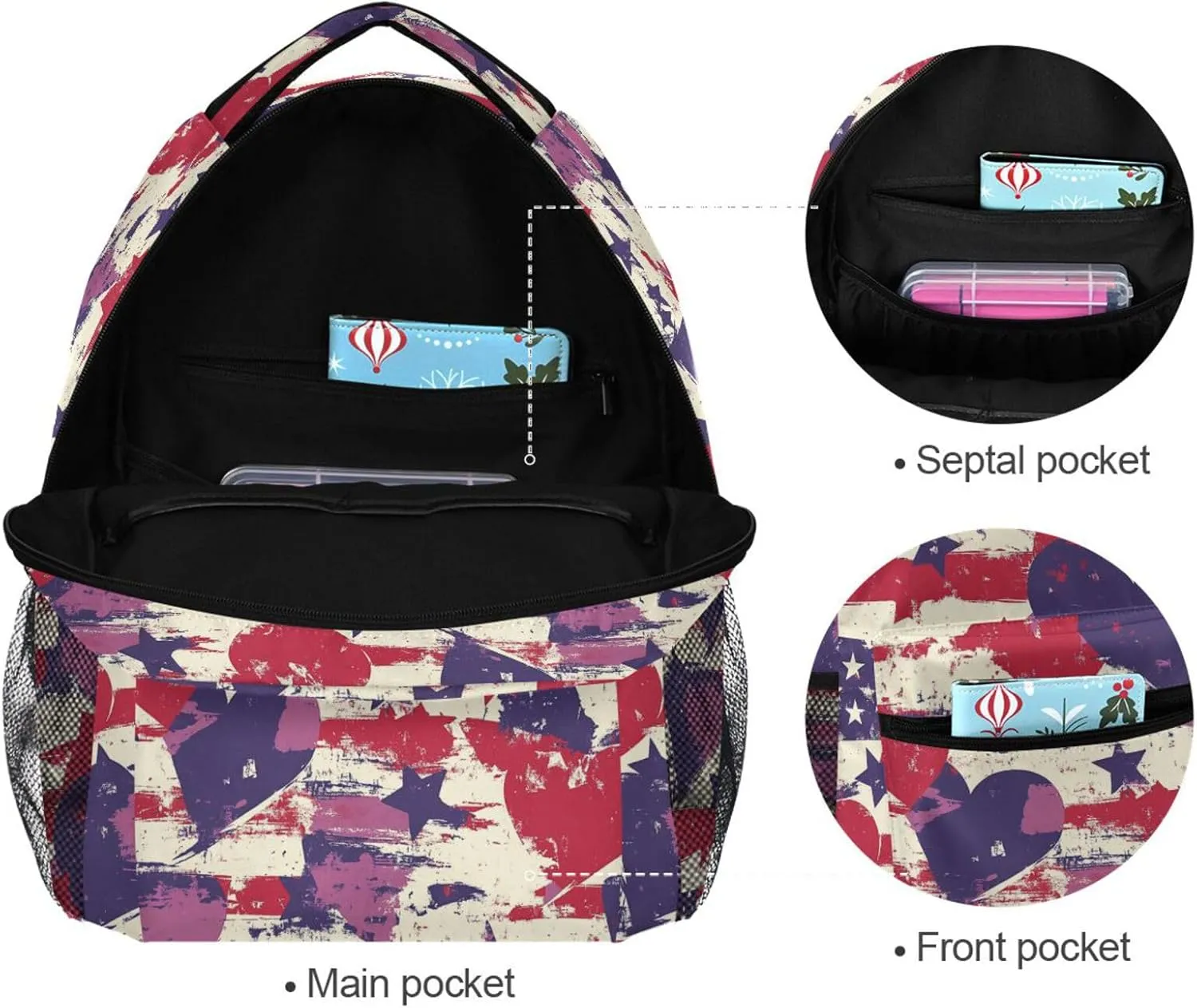 Backpack for Women Men Fashion Diaper Bag Backpack with Chest Strap for College Work Purple Heart Day Red and Blue Stars