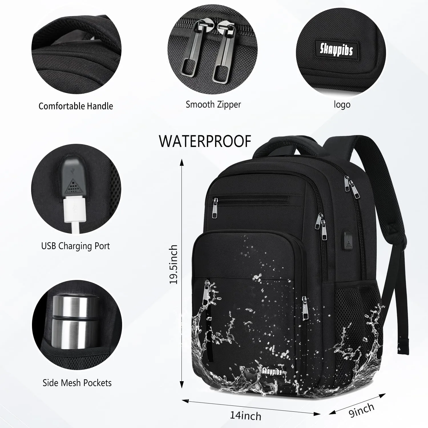 Backpack for Women Men, School Backpack for Boys Girls Teens, 17.3 Inch Laptop Backpack with USB Port, College Middle High School Bookbag, Water Resistent Business Mochila para hombre, Black