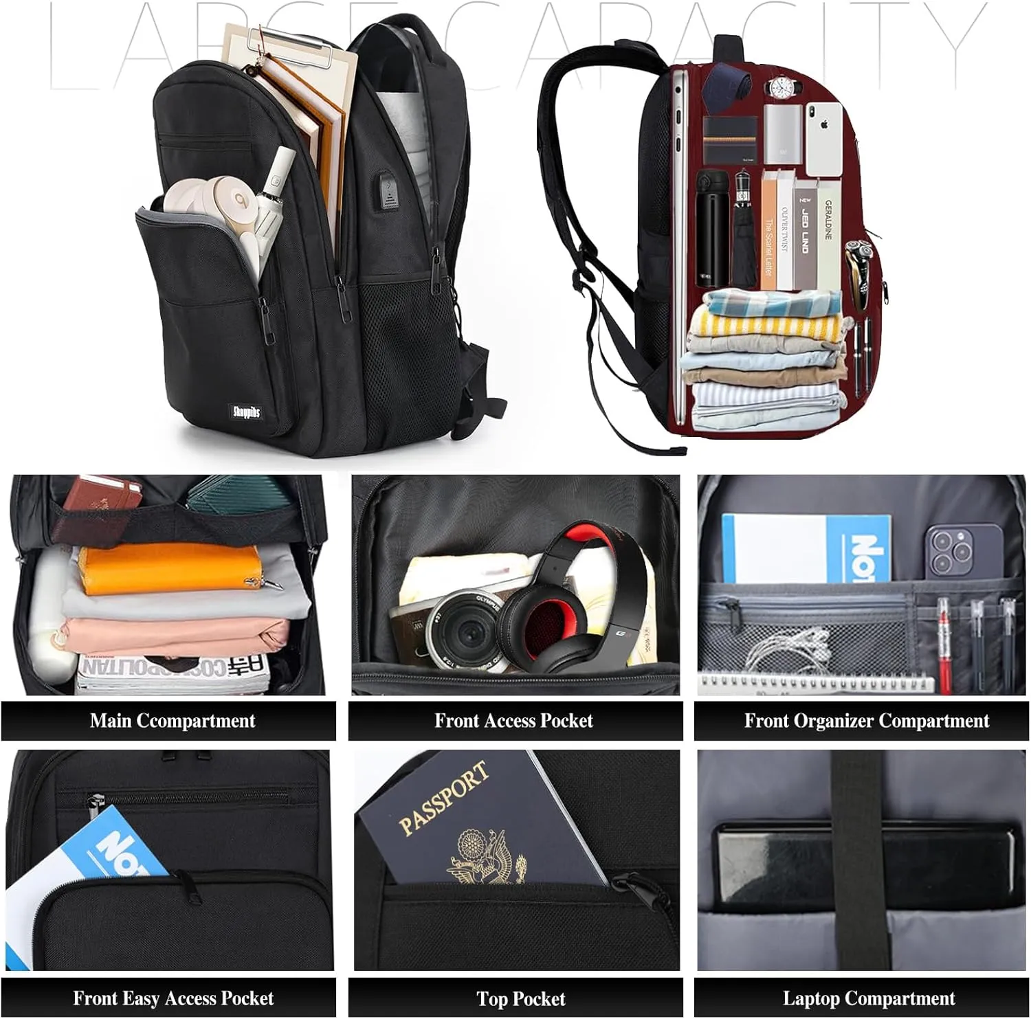 Backpack for Women Men, School Backpack for Boys Girls Teens, 17.3 Inch Laptop Backpack with USB Port, College Middle High School Bookbag, Water Resistent Business Mochila para hombre, Black