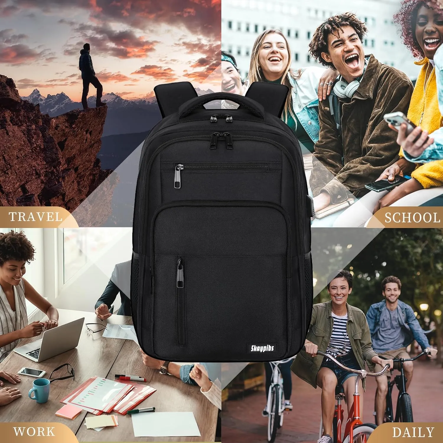 Backpack for Women Men, School Backpack for Boys Girls Teens, 17.3 Inch Laptop Backpack with USB Port, College Middle High School Bookbag, Water Resistent Business Mochila para hombre, Black