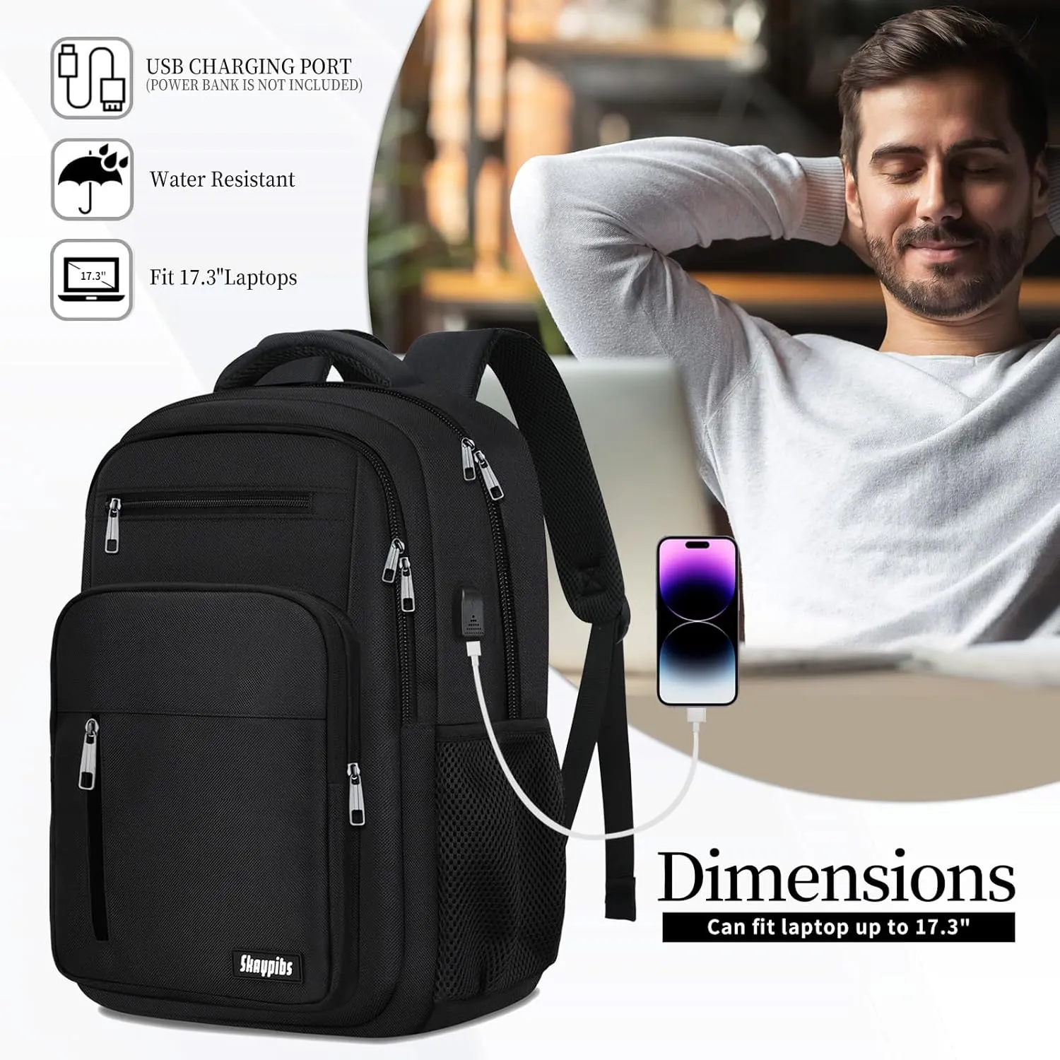 Backpack for Women Men, School Backpack for Boys Girls Teens, 17.3 Inch Laptop Backpack with USB Port, College Middle High School Bookbag, Water Resistent Business Mochila para hombre, Black