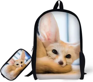 Backpack with Pencil Bag, Animal 3D Fox Pattern for Age 6-15 Years Old Kids Boys Girls