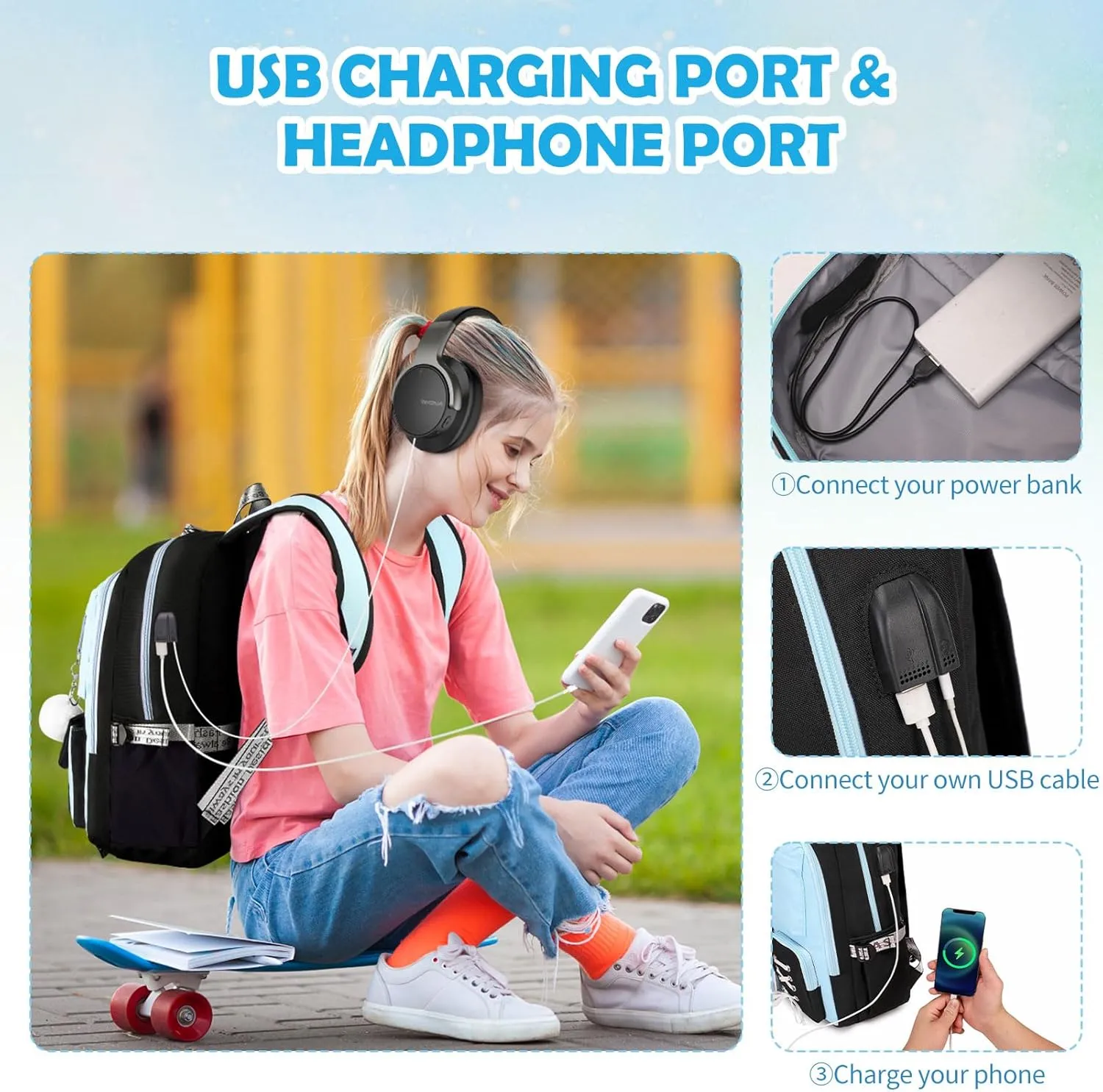 Backpacks for Girls, Girls Backpack with Lunch Box and Pencil Case for Teen Kids Elementary Middle High School College Student, Children Backpack Bookbag with USB Charging Port (Blue)
