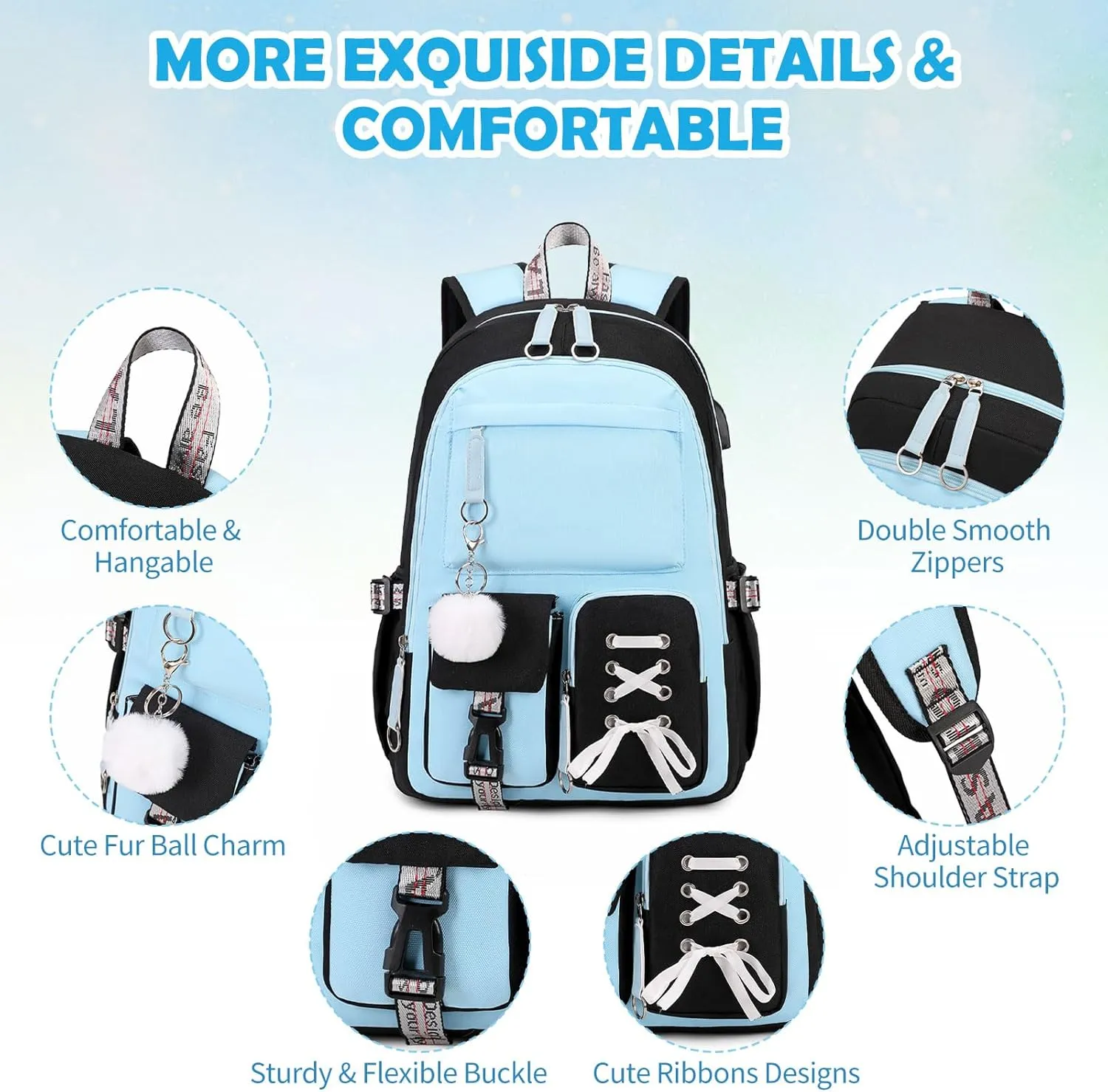 Backpacks for Girls, Girls Backpack with Lunch Box and Pencil Case for Teen Kids Elementary Middle High School College Student, Children Backpack Bookbag with USB Charging Port (Blue)