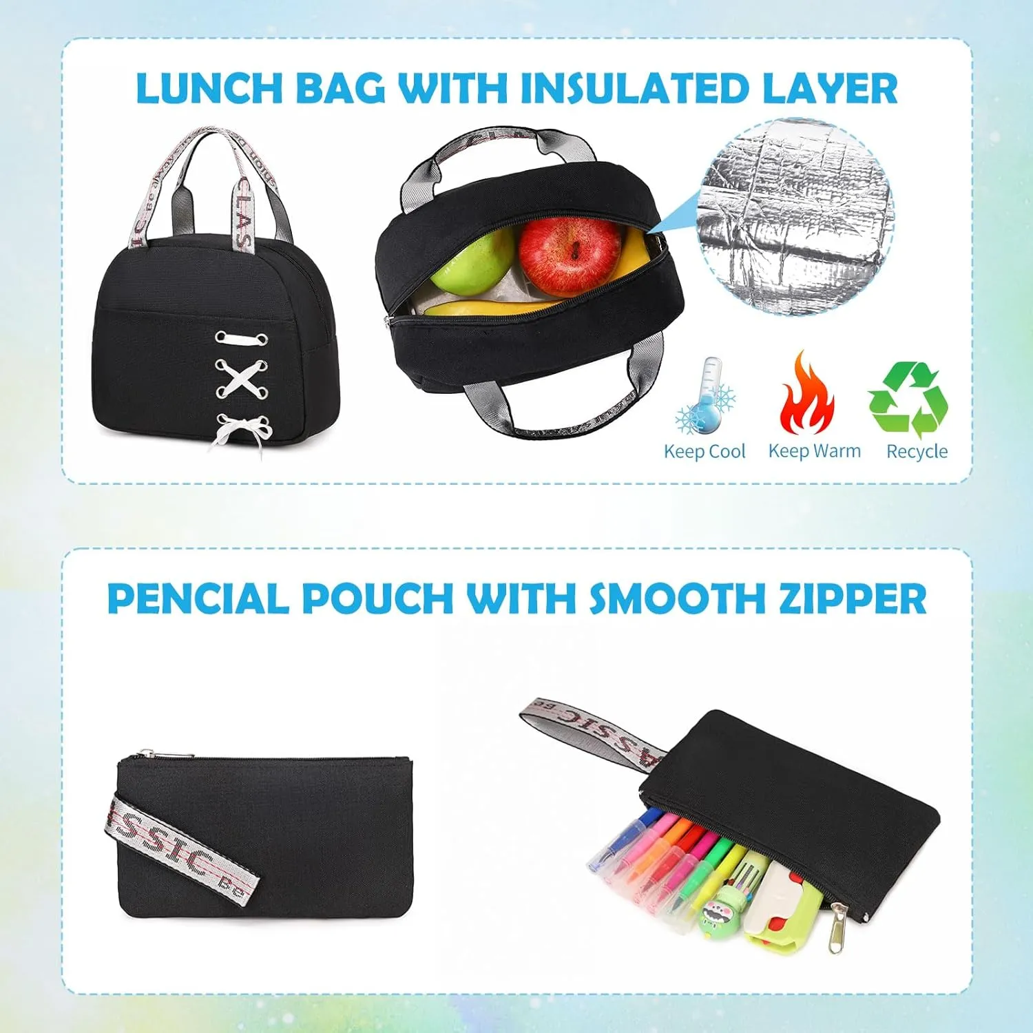 Backpacks for Girls, Girls Backpack with Lunch Box and Pencil Case for Teen Kids Elementary Middle High School College Student, Children Backpack Bookbag with USB Charging Port (Blue)