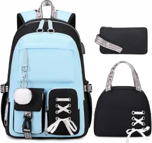Backpacks for Girls, Girls Backpack with Lunch Box and Pencil Case for Teen Kids Elementary Middle High School College Student, Children Backpack Bookbag with USB Charging Port (Blue)