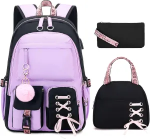 Backpacks for Girls, Girls Backpack with Lunch Box and Pencil Case for Teen Kids Elementary Middle High School College Student, Children School Backpack Bookbag with USB Charging Port (Purple)