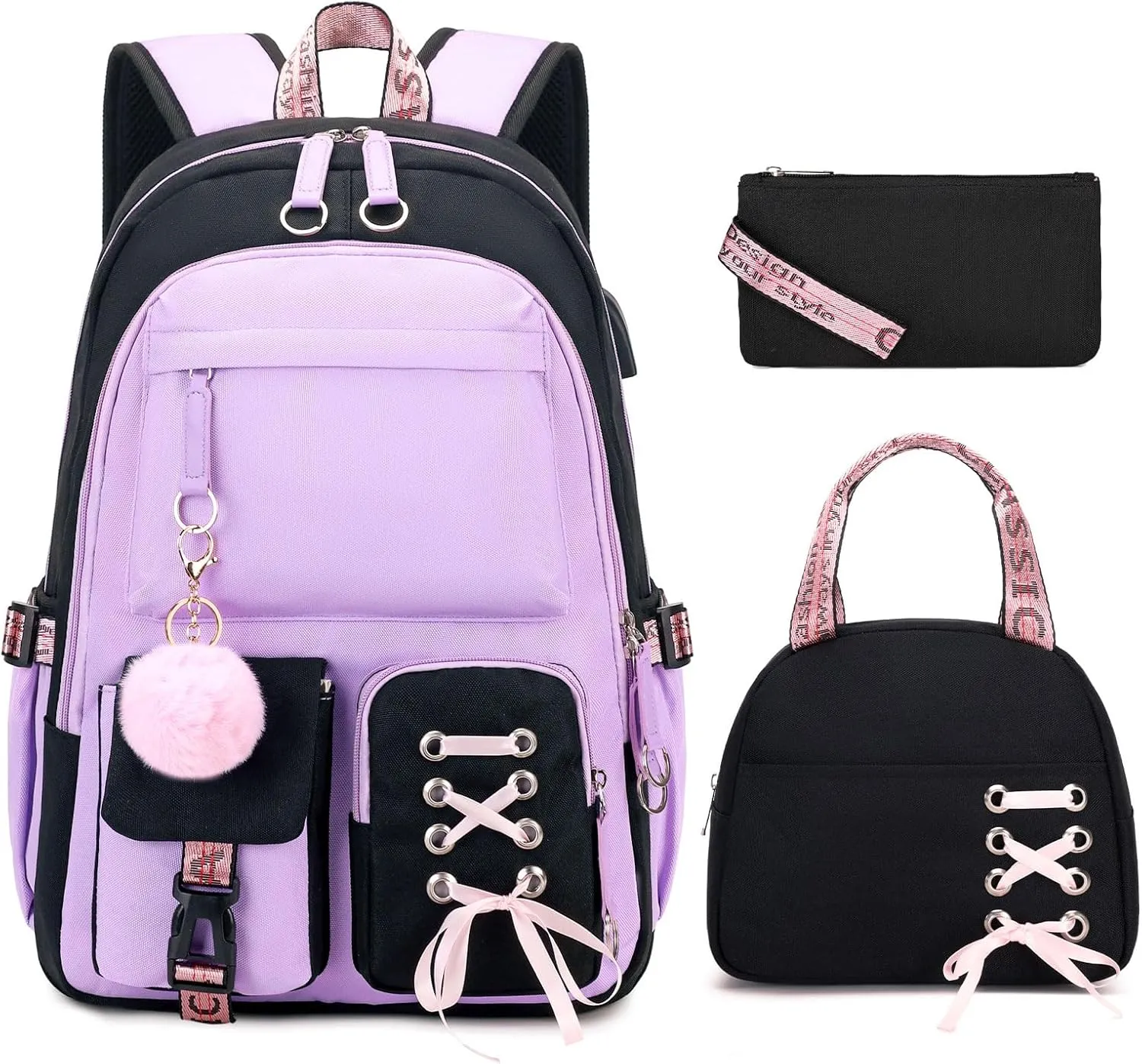 Backpacks for Girls, Girls Backpack with Lunch Box and Pencil Case for Teen Kids Elementary Middle High School College Student, Children School Backpack Bookbag with USB Charging Port (Purple)