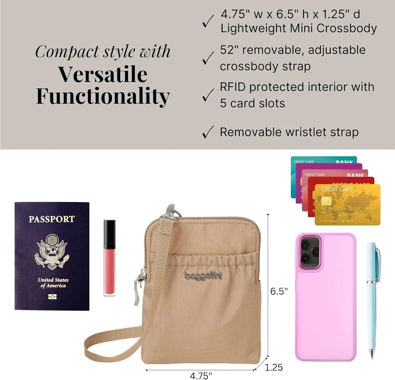 Baggallini Bryant Pouch Small Crossbody Bag for Women - Phone Purse with Crossbody Strap - Lightweight Crossbody Pouch
