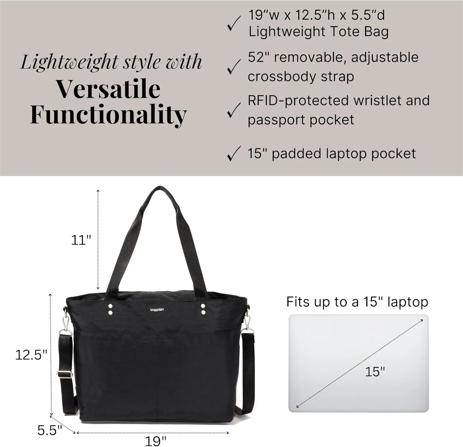 Baggallini Carryall Laptop Tote-Medium 12x19 Inch Travel Crossbody Shoulder Bag