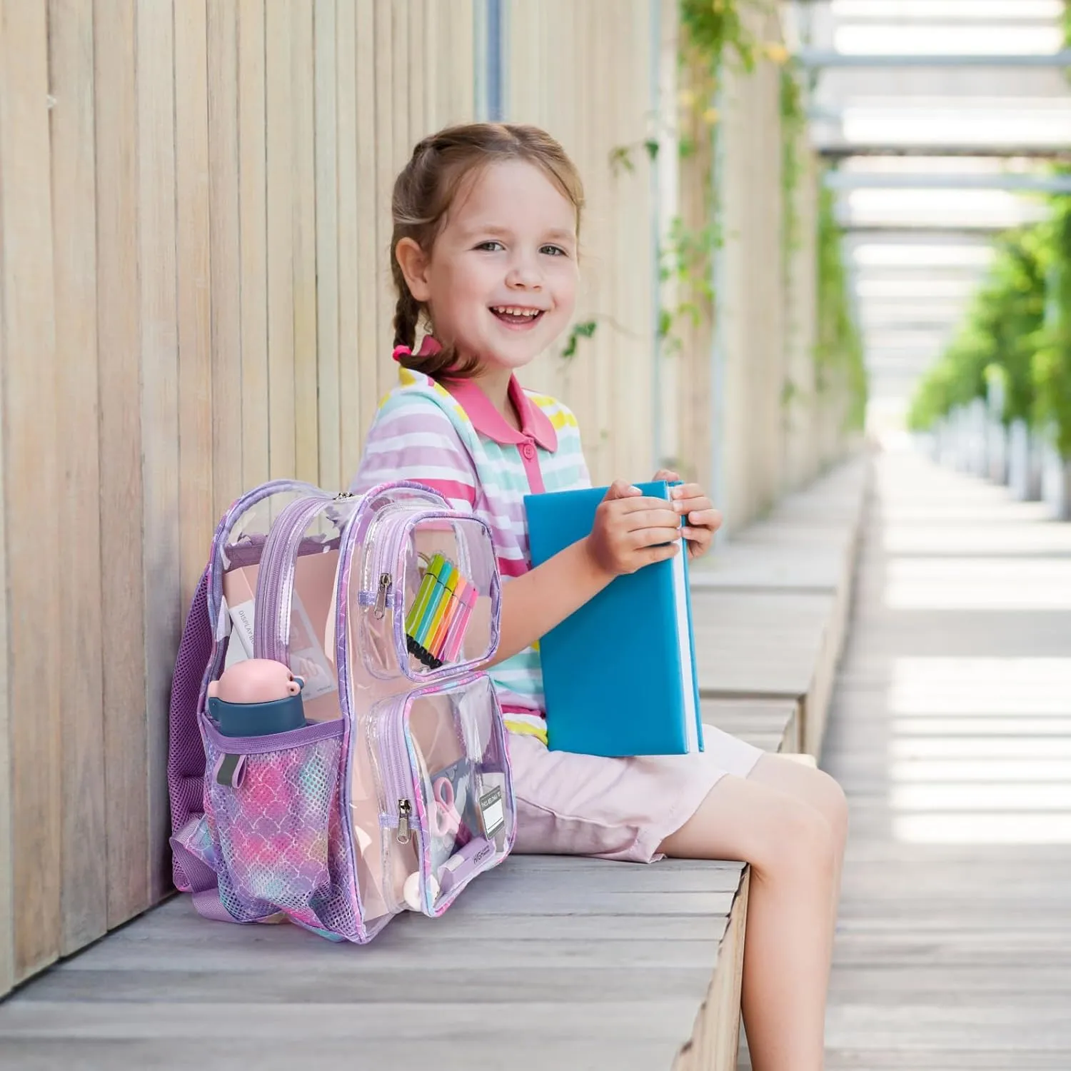 Bagseri Clear Backpack for Kids - 15 Inch Heavy Duty Clear Bookbag for School Safe and Lightweight Transparent Backpack for Kids Aged 3 to 7, Purple Mermaid