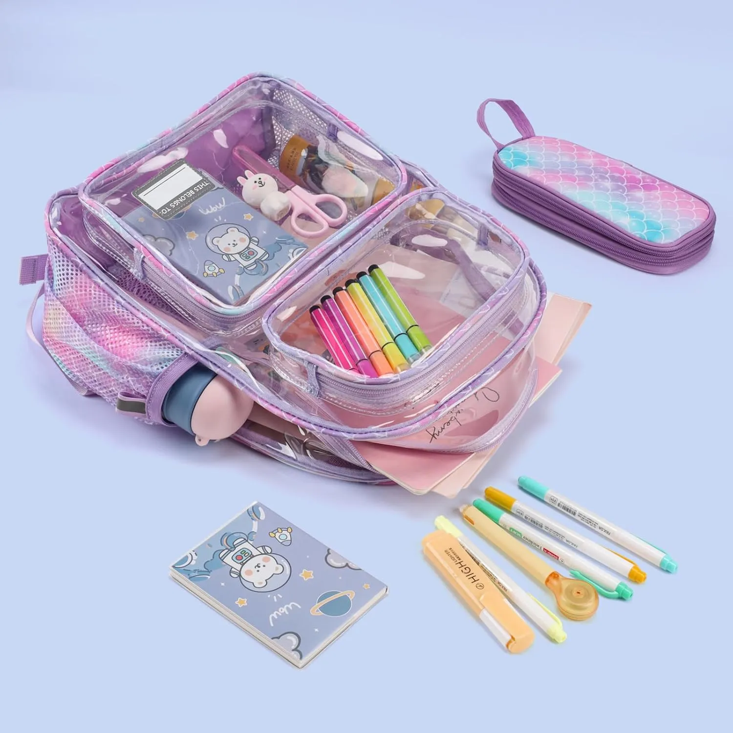 Bagseri Clear Backpack for Kids - 15 Inch Heavy Duty Clear Bookbag for School Safe and Lightweight Transparent Backpack for Kids Aged 3 to 7, Purple Mermaid