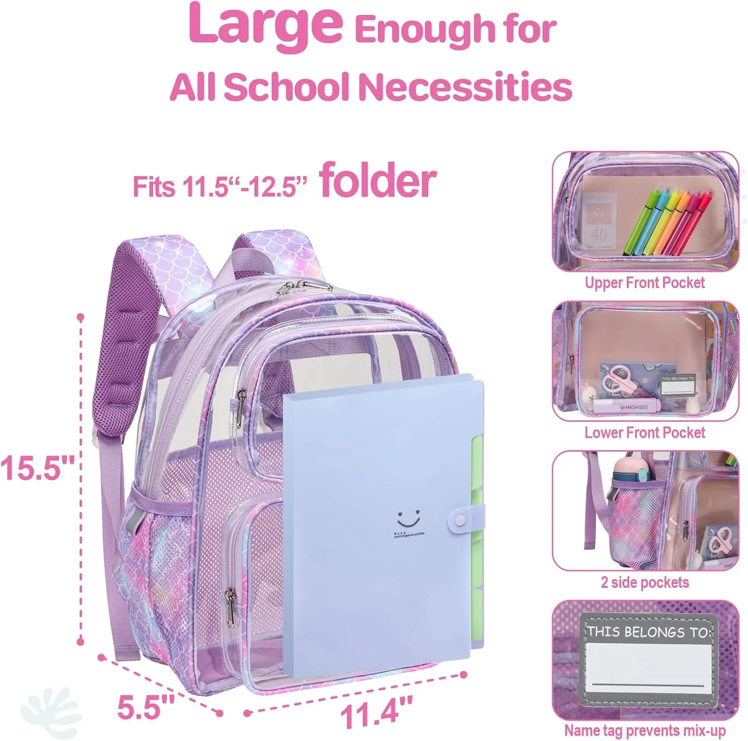 Bagseri Clear Backpack for Kids - 15 Inch Heavy Duty Clear Bookbag for School Safe and Lightweight Transparent Backpack for Kids Aged 3 to 7, Purple Mermaid