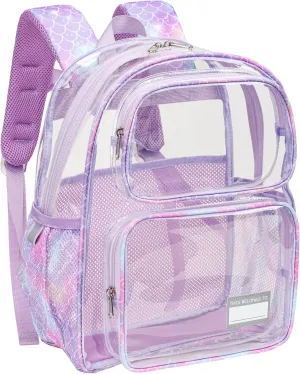 Bagseri Clear Backpack for Kids - 15 Inch Heavy Duty Clear Bookbag for School Safe and Lightweight Transparent Backpack for Kids Aged 3 to 7, Purple Mermaid