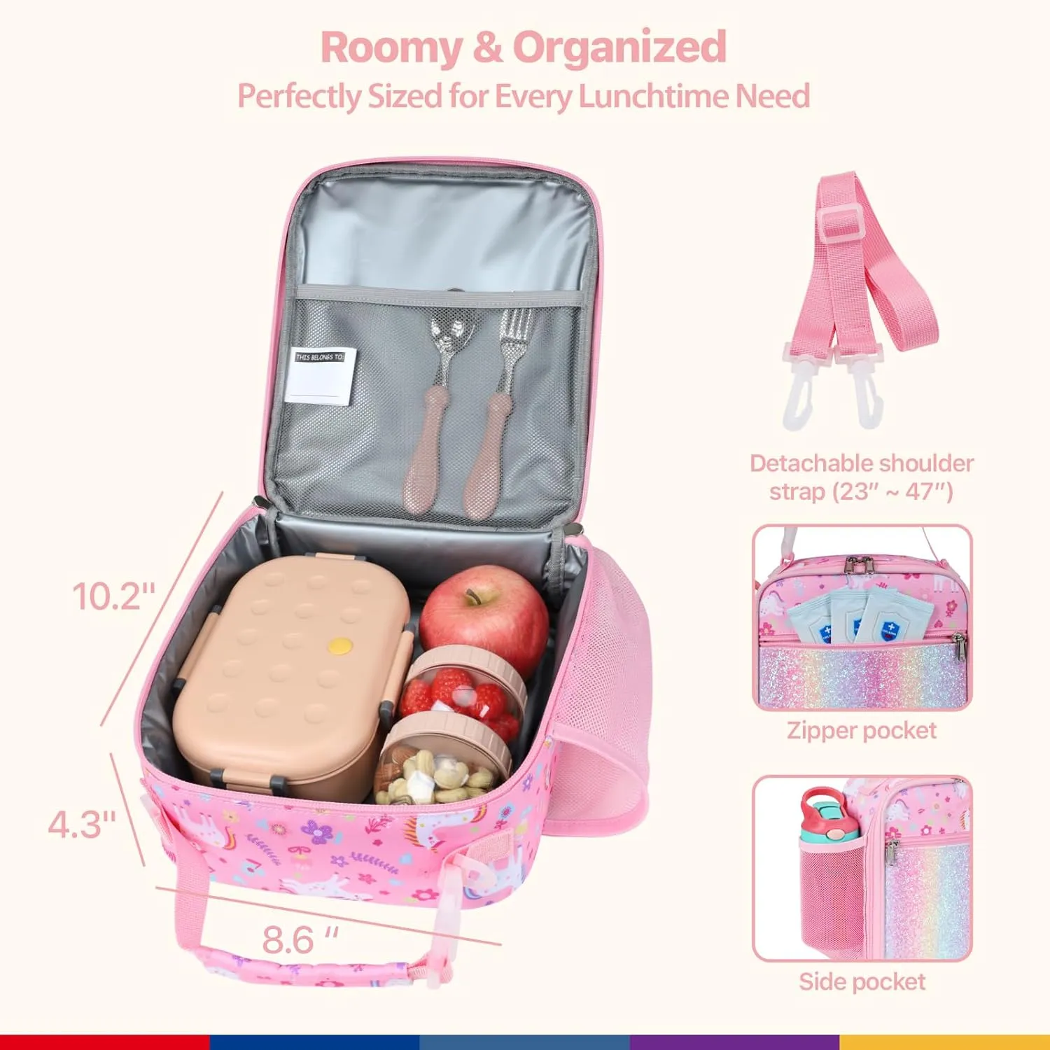 Bagseri Kids Lunch Bag with Shoulder Strap - Insulated Lunch Bag for Girls with Water Bottle Holder Reusable Lunch Tote Bag for School Kids Lunch Box for Girls, Pink Glitter Unicorn