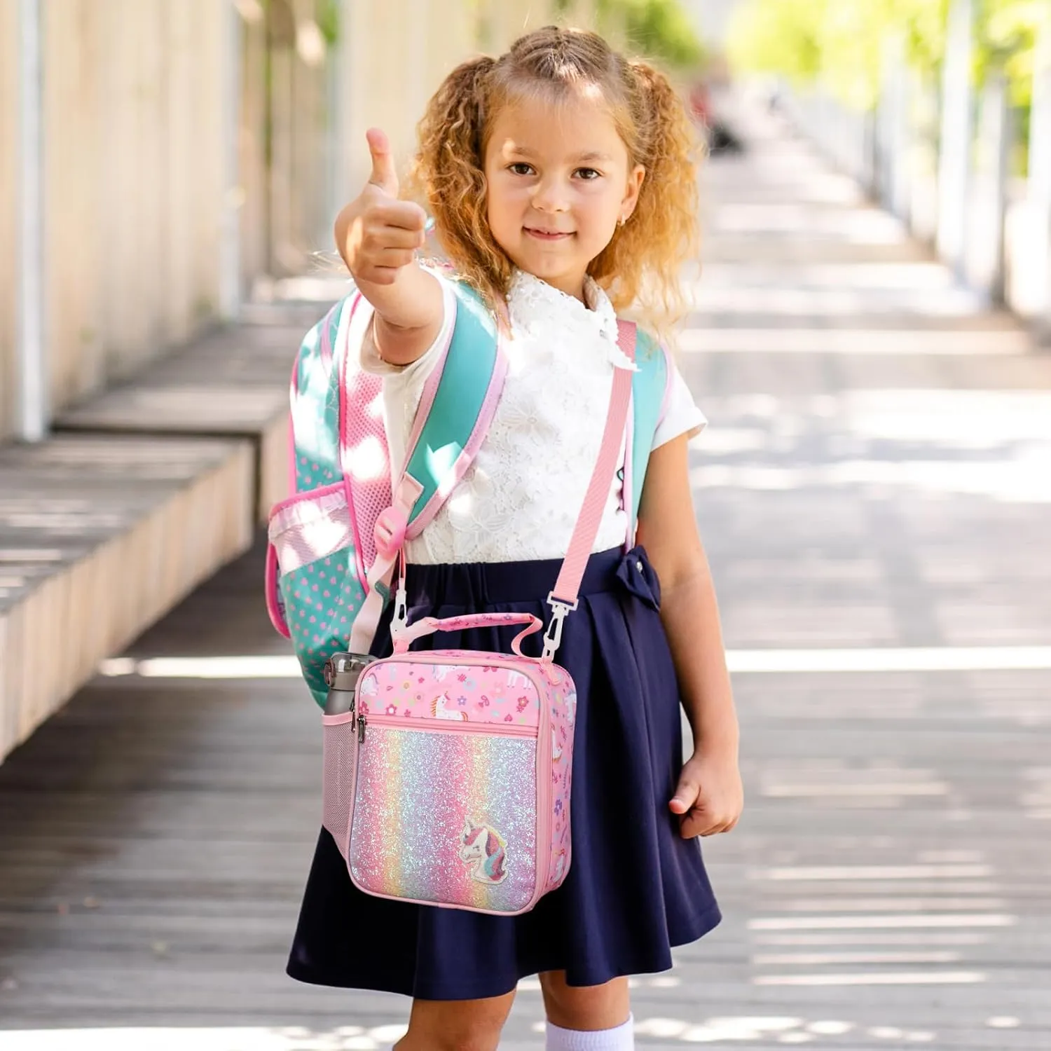 Bagseri Kids Lunch Bag with Shoulder Strap - Insulated Lunch Bag for Girls with Water Bottle Holder Reusable Lunch Tote Bag for School Kids Lunch Box for Girls, Pink Glitter Unicorn