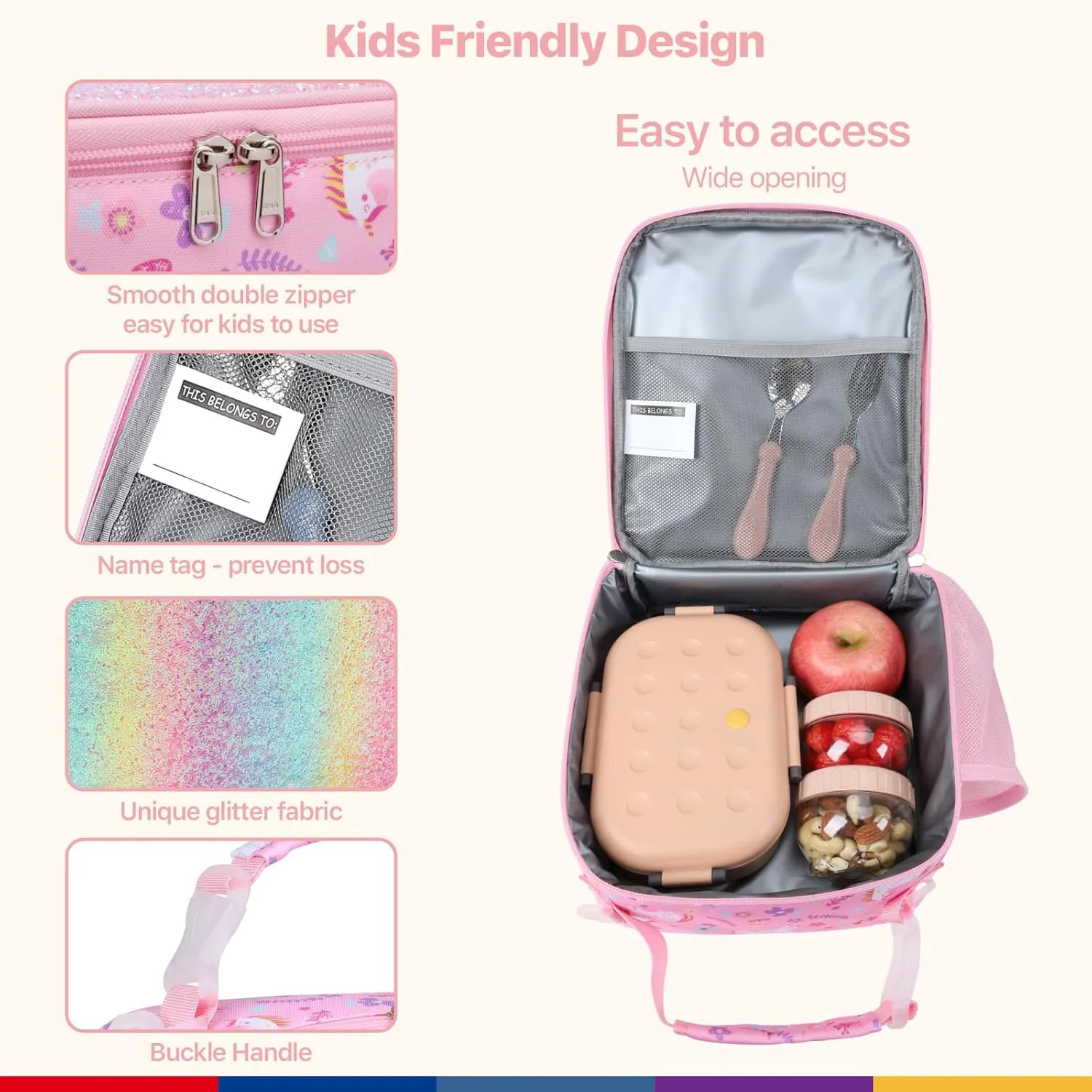 Bagseri Kids Lunch Bag with Shoulder Strap - Insulated Lunch Bag for Girls with Water Bottle Holder Reusable Lunch Tote Bag for School Kids Lunch Box for Girls, Pink Glitter Unicorn