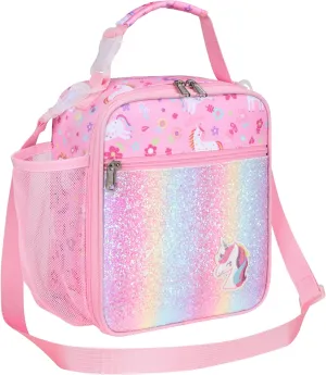 Bagseri Kids Lunch Bag with Shoulder Strap - Insulated Lunch Bag for Girls with Water Bottle Holder Reusable Lunch Tote Bag for School Kids Lunch Box for Girls, Pink Glitter Unicorn