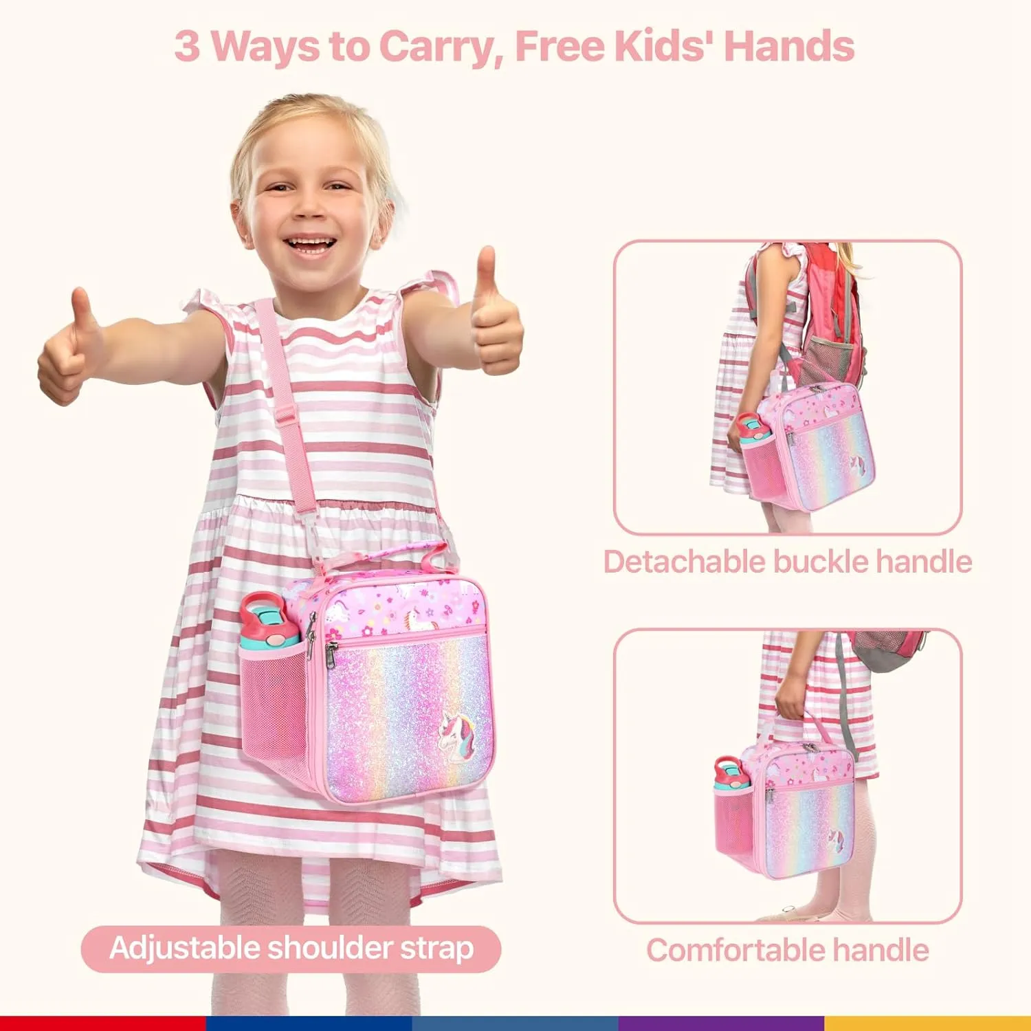 Bagseri Kids Lunch Bag with Shoulder Strap - Insulated Lunch Bag for Girls with Water Bottle Holder Reusable Lunch Tote Bag for School Kids Lunch Box for Girls, Pink Glitter Unicorn