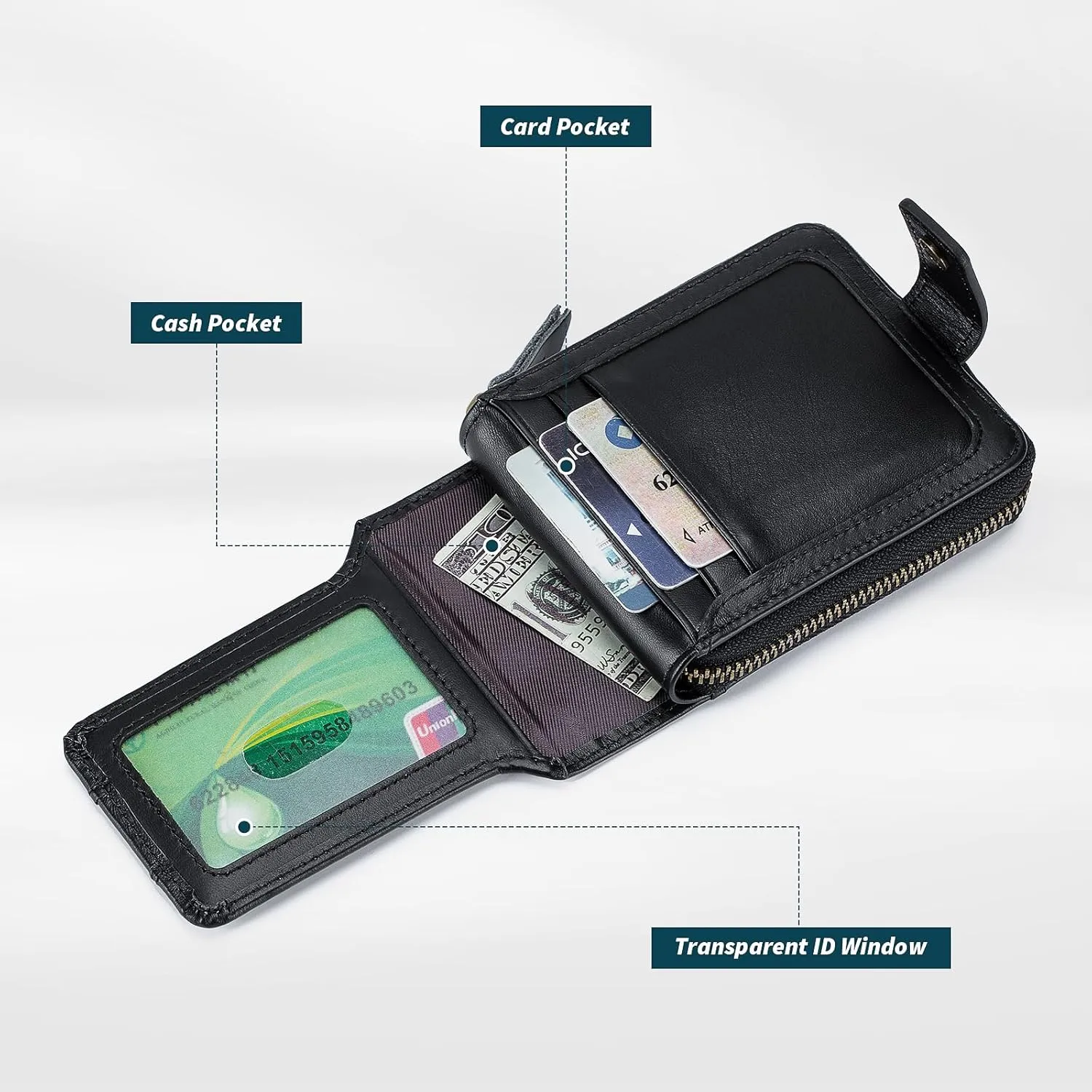 BAIGIO Genuine Leather Wallets for Men Multi Card Purse with Zipper Wallet Men RFID Blocking Coin Pocket (Type 2-Black)
