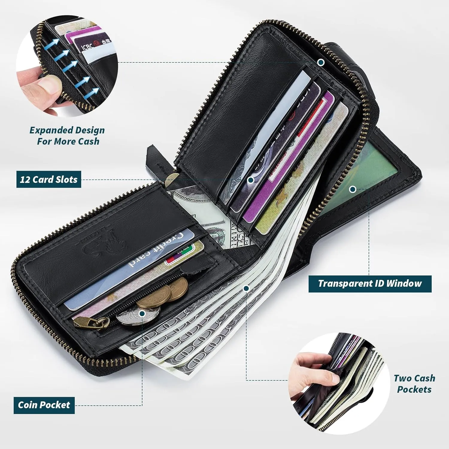 BAIGIO Genuine Leather Wallets for Men Multi Card Purse with Zipper Wallet Men RFID Blocking Coin Pocket (Type 2-Black)