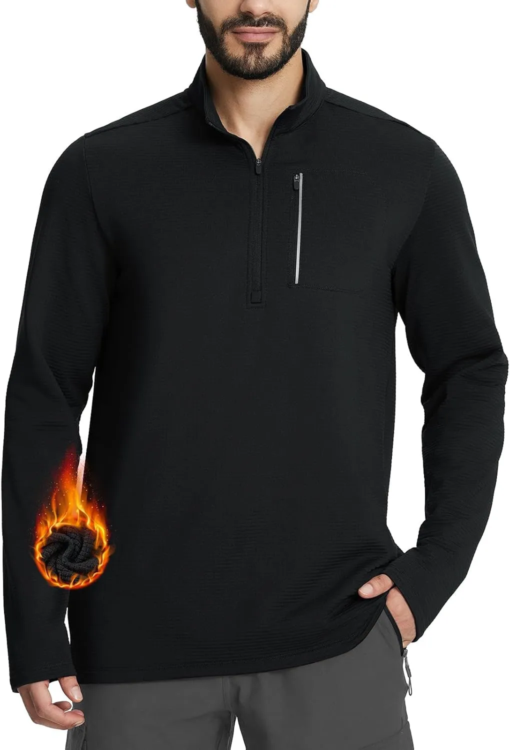 baleaf Men's Fleece Lined Running Jacket Quarter Zip Cold Weather Gear Waffle Thermal Pullover with Zip Pockets