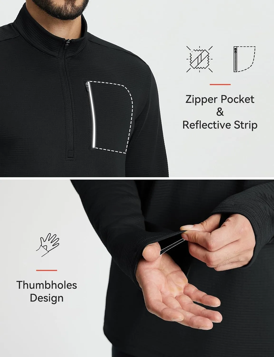 baleaf Men's Fleece Lined Running Jacket Quarter Zip Cold Weather Gear Waffle Thermal Pullover with Zip Pockets