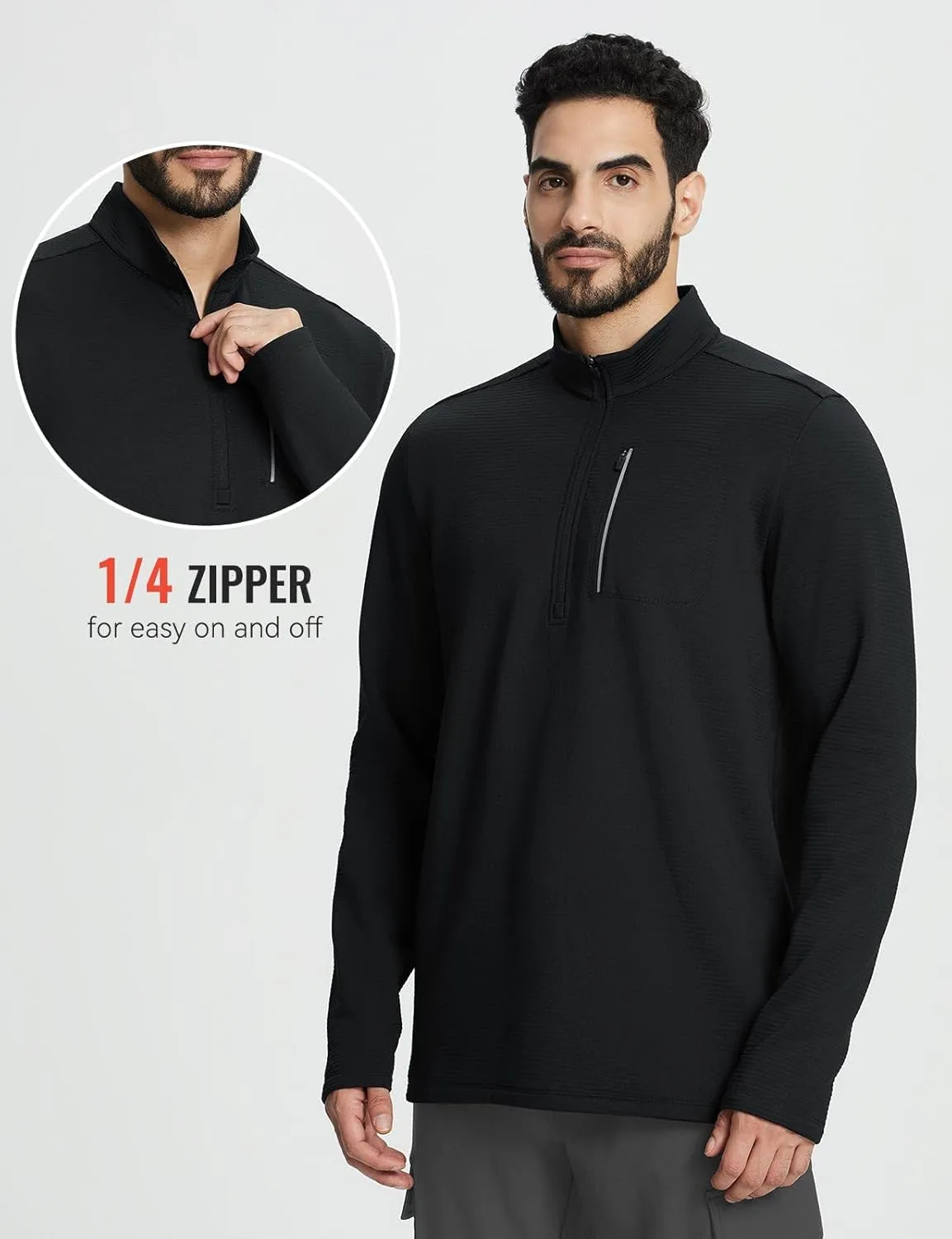 baleaf Men's Fleece Lined Running Jacket Quarter Zip Cold Weather Gear Waffle Thermal Pullover with Zip Pockets